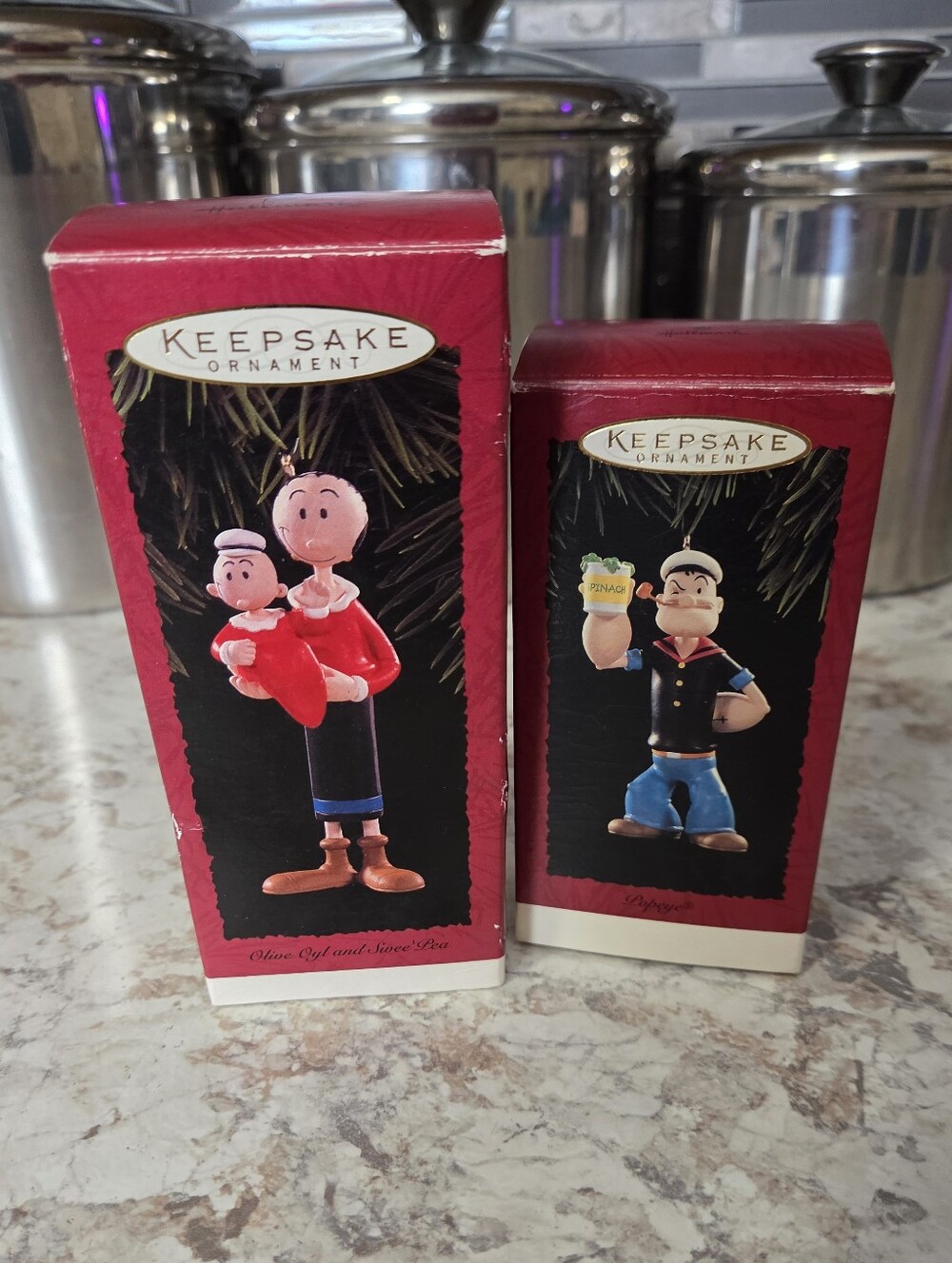 Lot Of 2 Hallmark Ornaments 1994 Popeye And 1996 Olive Oyl & Sweet Pea, Rare Vtg